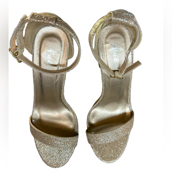 ANKIS gold glitter Open Toe Ankle Strap Chunky Heel Sandals 2.75” size 8M NWOB - Picture 3 of 14